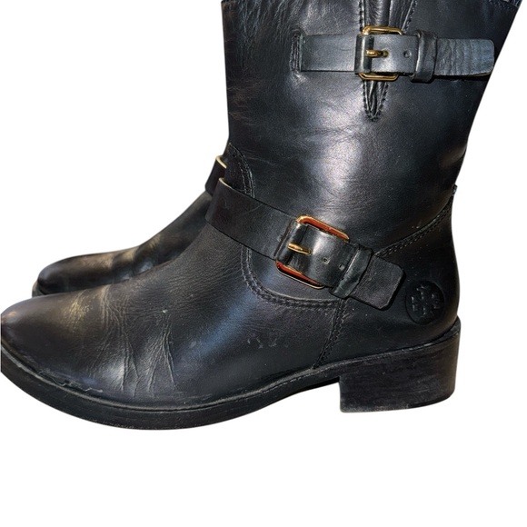 Tory Burch Bennie Wmn’s 8 Moto Black Leather Buckled Ankle Biker Riding Boots - Picture 2 of 9